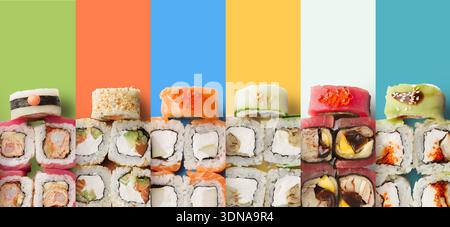 Assorted Sushi Rolls Arranged on a Colorful Background With Various Toppings and Ingredients Stock Photo
