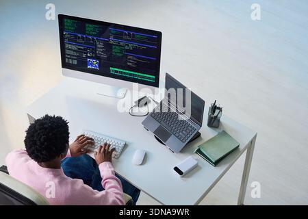 Young Black Man Coding on Computer and Laptop at Desk Workspace Stock Photo