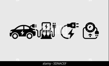A set of black vector icons depicting electric vehicle charging, including a car at a charging station, a charging station, a power plug, and an energy meter. Stock Vector