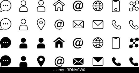 A collection of black and white communication and contact icons in outline and solid styles. Stock Vector