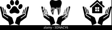 Set of three black and white icons showing hands protecting a paw print, a tooth, and a house. Stock Vector