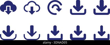 A collection of blue vector icons representing download, cloud download, and refresh actions. Stock Vector