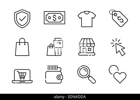 A set of outline icons representing online shopping, e-commerce, payment, and security concepts. Stock Vector