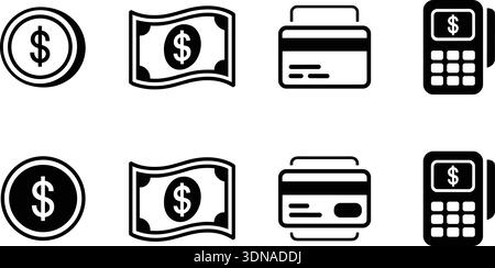 A set of black and white icons representing money and payment methods, including a dollar coin, banknote, credit card, and POS terminal. Stock Vector
