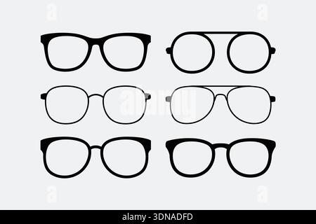 A set of six different styles of eyeglasses or spectacles in black outline on a light background. Stock Vector
