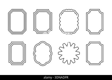 A set of eight distinct outline frames and borders in various decorative shapes on a white background. Stock Vector