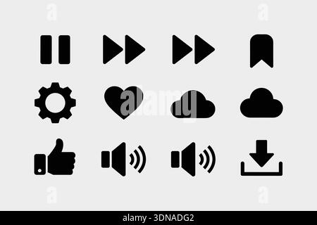 A collection of black glyph icons for media player controls, social media actions, and general user interface functions, including pause, play, Stock Vector