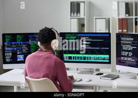 Young Black Man Wearing Headphones Coding Software on Multiple Monitors Stock Photo