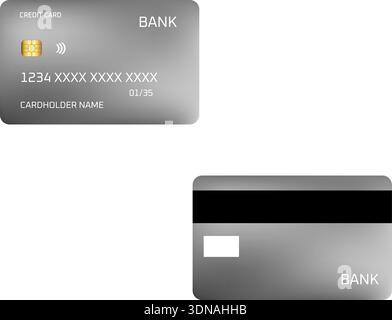 Two gray bank credit cards displayed from front and back perspectives, showing contactless payment chip and card details with masked account number. Stock Vector