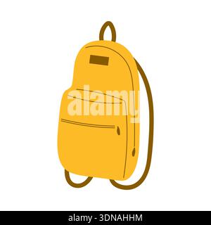 School backpack satchel. Bright yellow bag for student for going to school. Bag with large pocket, zippers. Vector illustration. Stock Vector