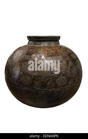 Central Asian copper vessel. Engraved with Quranic verse and sublication used for storing and distribution of holy Zamzam water brought by the Haj pilgrimage for general public. Early 20th century. Stock Photo