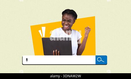 Excited Woman Celebrates Finding Information While Using Laptop for Research or Study Stock Photo