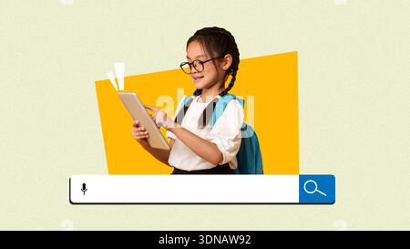 Collage of a Child Using a Tablet With a Backpack in a Simple Set Design During a Learning Activity Stock Photo