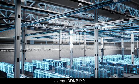 Server room high tech equipment used for data processing, VFX compositing overlay. Digital twin scan of data center supercomputer with massive storage capabilities and advanced computational firepower Stock Photo
