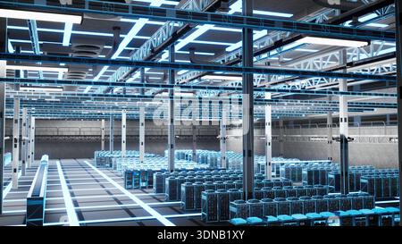 Artificial intelligence training, holographic overlay and server rows in data center. Blue wireframe 3D render of server room neural network technology used for deep learning simulation Stock Photo
