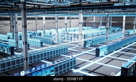 IT infrastructure, blade servers and digital twin scan for database management. 3D render blue wireframe VFX compositing of data center equipment used for business tasks and website hosting Stock Photo