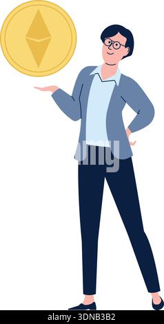 Ethereum coin in happy woman hands. Crypto token color icon Stock Vector