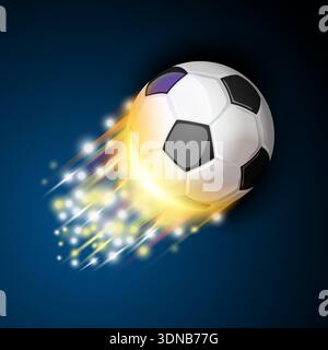 Vector illustration of a soccer ball flying in the air with energy from movement around, on a dark blue background Stock Vector