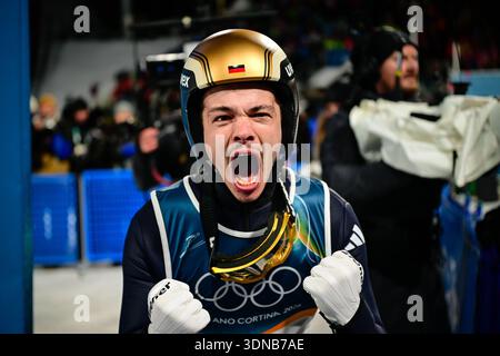 Philipp Raimund Deutschland Celebrating His Gold Medal Ski Jumping Philipp Raimund Deutschland Celebrating His Gold Medal Ski Jumping Men Normal Hill Milano Cortina 2026 Olympic Games 09 02 2026 Photo By Hmb Mediamarc Usa 3dnb7ae