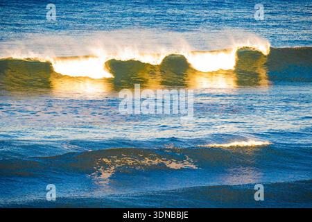 A mesmerizing view of the Pacific Ocean at sunset, featuring waves crashing or rolling ashore, illuminated by the warm, golden light reflecting on the Stock Photo