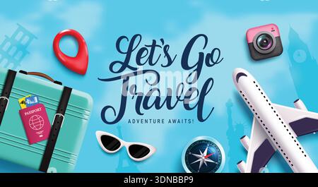 Travel clipart banner template design. Let's go travel text clip art in international destination landmark background with travelling elements Stock Vector