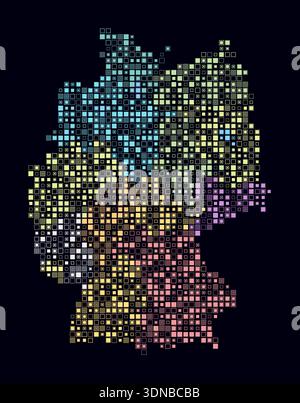 Germany, shape of the country built of colored cells. Digital style map of Germany on a dark background. Small size square blocks. Stock Vector