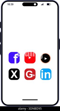 Social media app icons vector set smartphone screen Facebook YouTube Twitter X Google Plus LinkedIn play button digital communication network Stock Vector