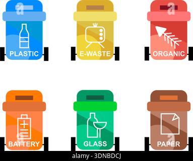 Color coded waste segregation bins vector icon set plastic e waste organic battery glass paper recycling process environmental sustainability illustra Stock Vector