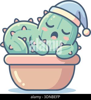 Cute broccoli character sleeping inside a bowl, wearing a nightcap, flat illustration style, isolated on white background, perfect for healthy food an Stock Vector