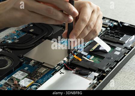 A person is working on a laptop repair. They hold a screwdriver and focus on the laptop's internal parts. Stock Photo