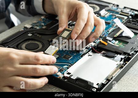 A person is working on a laptop, carefully removing and replacing parts on the circuit board. Stock Photo