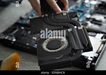 A person holds a graphics card while cleaning dust from its fan. They are working on a laptop opened on a table. Stock Photo