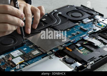 Hands are fixing a laptop in a workspace. Tools are used to open the device. There are circuit boards and wires visible inside the laptop. Stock Photo