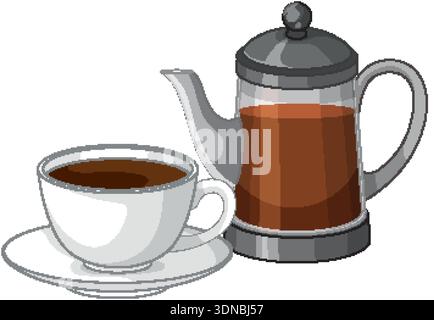 Flat vector illustration of a white ceramic cup and glass coffee press on white background Stock Vector