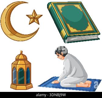 Vector set including a crescent moon, holy book, lantern, and man praying on mat Stock Vector