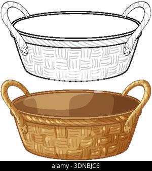 Empty woven wicker basket with handles presented in both colored and black line art styles Stock Vector