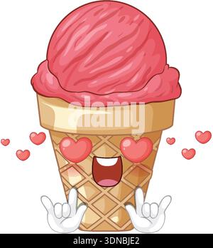 Cartoon strawberry ice cream cone character with heart eyes and rock on hand gestures Stock Vector