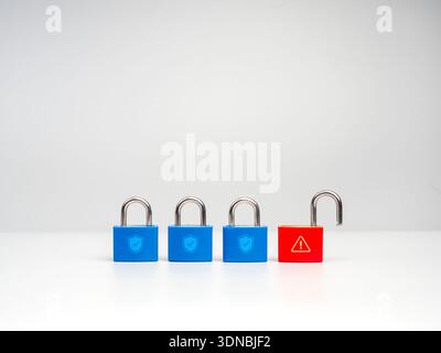 Cybersecurity risk concept showing three secure blue padlocks and one red open padlock with warning symbol, on white background. Concept of data breac Stock Photo