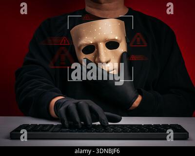 Man holding artificial face mask with facial recognition scanning overlay, representing AI deepfake technology, online scam, identity fraud, fake medi Stock Photo