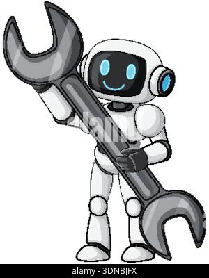 Smiling humanoid robot holding oversized wrench, cartoon vector style, white background, clean lines Stock Vector