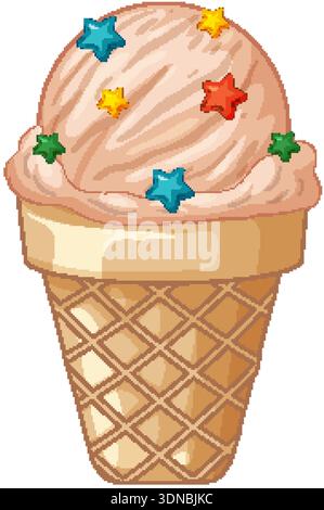 Vector illustration of a pink ice cream scoop with colorful star sprinkles on white background Stock Vector
