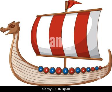 A cartoon style wooden Viking longship with red and white striped sails on white background Stock Vector