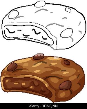 Hand drawn chocolate chip cookie vector illustration includes colored version and black line art outline Stock Vector
