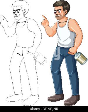 Cartoon angry man holding alcohol bottle, pointing accusingly, colored and outline vector illustration style Stock Vector