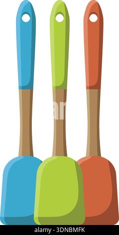 Flat illustration of three kitchen spatulas with colorful handles in blue green and red Stock Vector