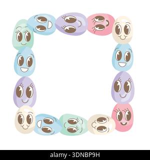 A square frame with colorful Easter eggs with smiley faces. Vector illustration with emoji eggs. Suitable for Easter-themed designs for children. Stock Vector