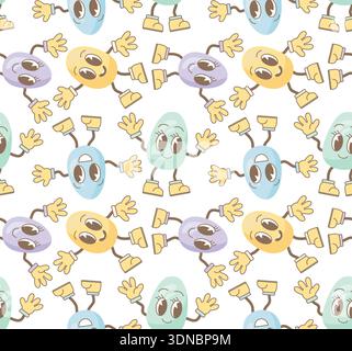 Seamless pattern with colorful dancing Easter eggs. Vector pattern with emoji eggs. Suitable for Easter-themed designs for children. Stock Vector