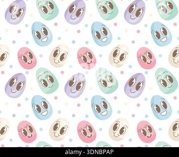 A seamless pattern with colorful Easter eggs featuring smiley faces and dots. Vector pattern with emoji eggs. Suitable for Easter-themed designs for c Stock Vector