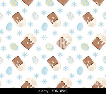 Easter cake with white icing surrounded by blue Easter eggs and flowers. Seamless vector pattern. Perfect for themed holiday designs. Stock Vector
