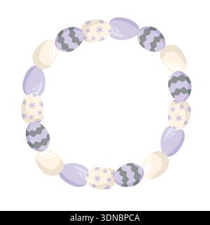 A round frame with purple Easter eggs. Vector illustration of Easter eggs with a geometric and floral pattern. Perfect for Easter-themed designs. Stock Vector